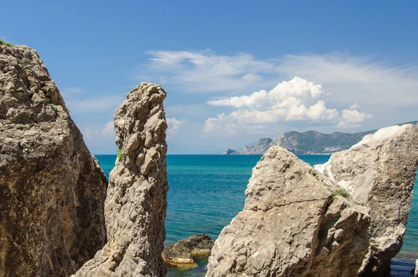 The rocky seashore with the purest transparent blue water