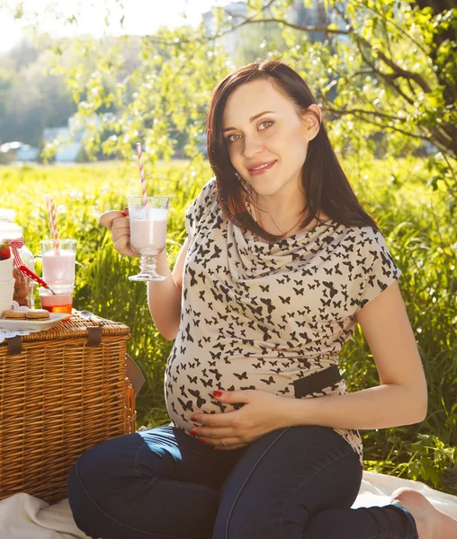 Portrait of beautiful pregnant woman at picnic in the spring par