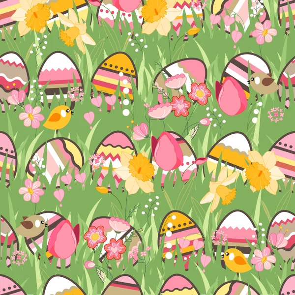 Festive spring seamless pattern. Endless texture with eggs on green grass. Painted eggs, spring flowers, tulips and birds. For your design, greeting cards,  wrappings, fabrics, announcements.