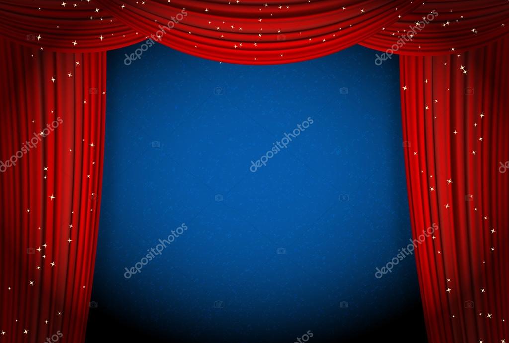 Cortinas de rojo sobre fondo azul con estrellas brillantes ...