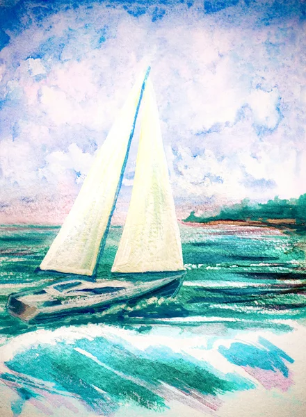 Hand painted watercolor illustration with sea waves and sailboat