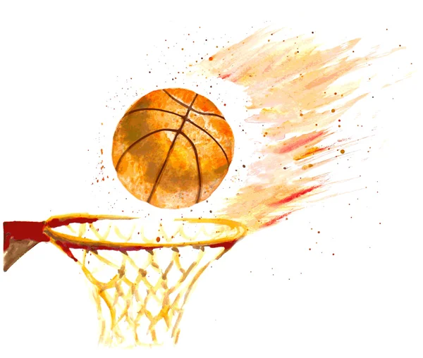 Watercolor basketball ball thrown in a basket