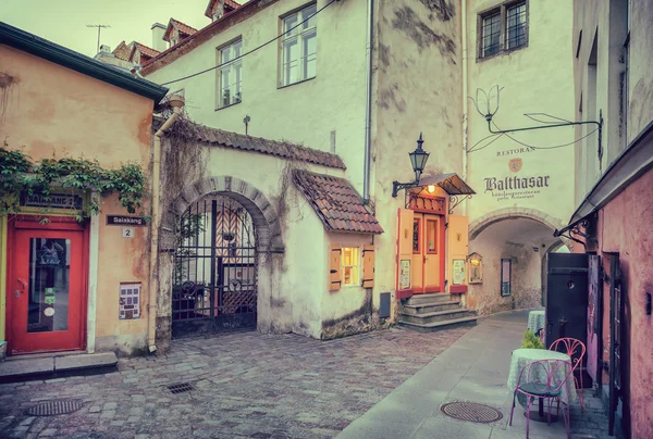 Tallinn, Estonia - May 30, 2016: medieval street and restaurant