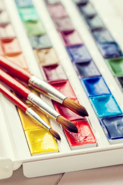 Brushes for water color painting close up and watercolor paints
