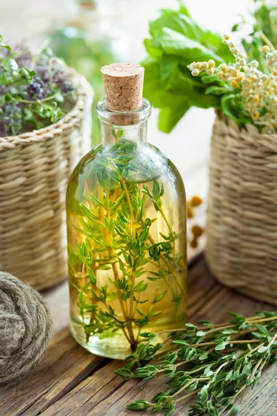 Bottle of thyme essential oil or infusion and healing herbs