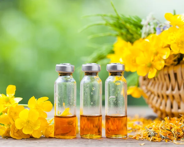 Bottles of healing plants treatment and healthy herbs in basket.