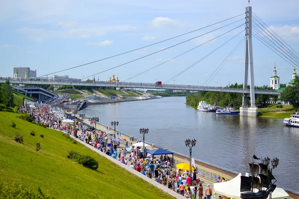 The embankment in Tyumen and the cable-stayed foot bridge. June,