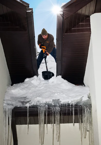 A man cleaning up snow on a roof