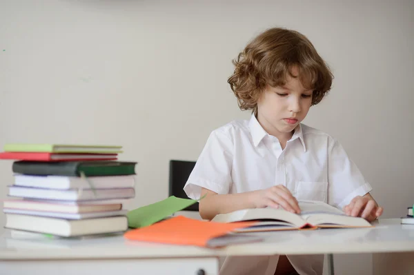 Schoolboy sitting at the desk and reading a book.