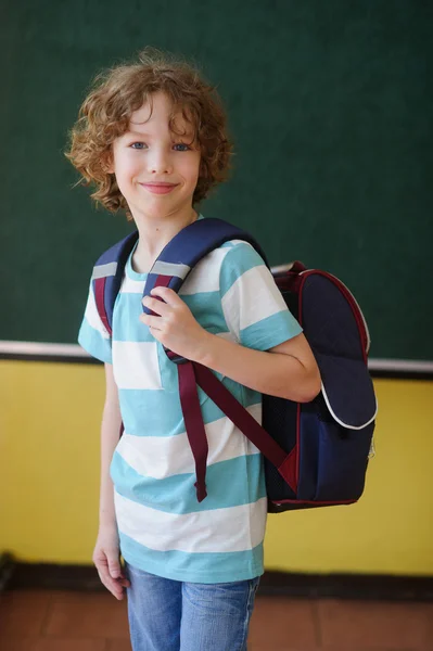 The schoolboy stands in the class near a board.