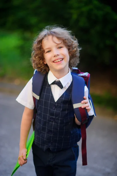 Cute little first grader goes to school.