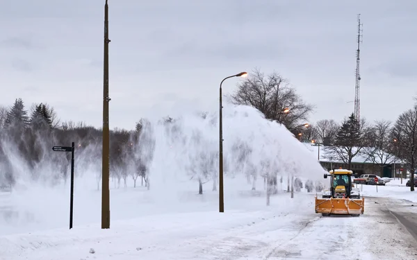 Snowblower track cleaning a road.