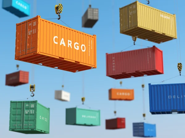 Cargo shipping containers in storage area with forklifts. Delive