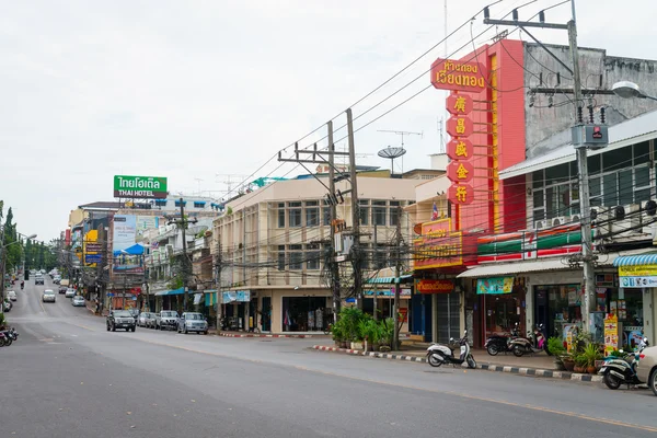 Central street and businesses in the town of Krabi, Thailand