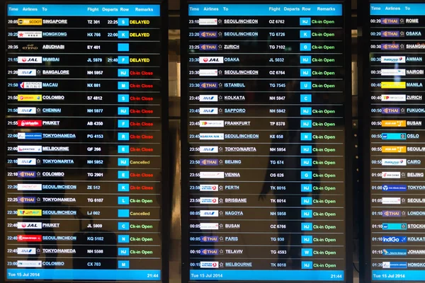 Digital schedule board announcing flight departures at Suvarnabh