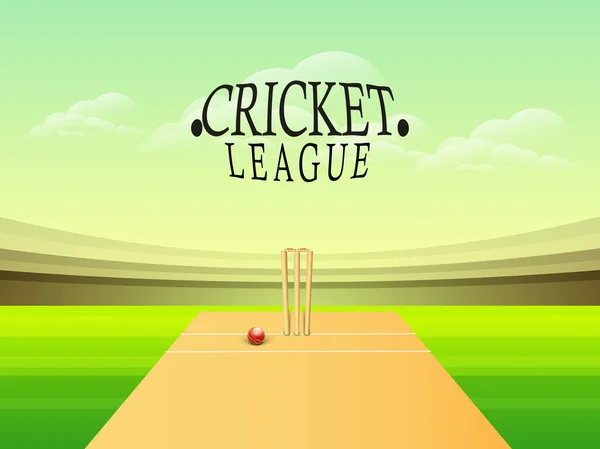 Cricket league concept with stumps and red ball.
