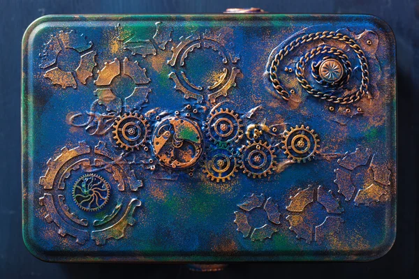 Handmade steampunk box with mechanical cogs wheels clockwork