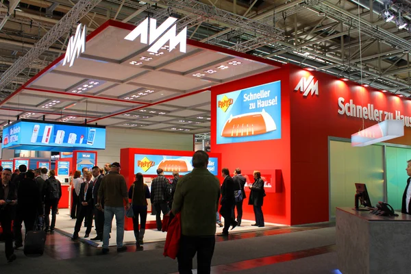 HANNOVER, GERMANY - MARCH 20: The stand of AVM on March 20, 2015 at CEBIT computer expo, Hannover, Germany. CeBIT is the world\'s largest computer expo