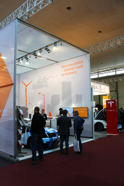 HANNOVER, GERMANY - MARCH 20: The stand Electric Cars on March 20, 2015 at CEBIT computer expo, Hannover, Germany. CeBIT is the world\'s largest computer expo
