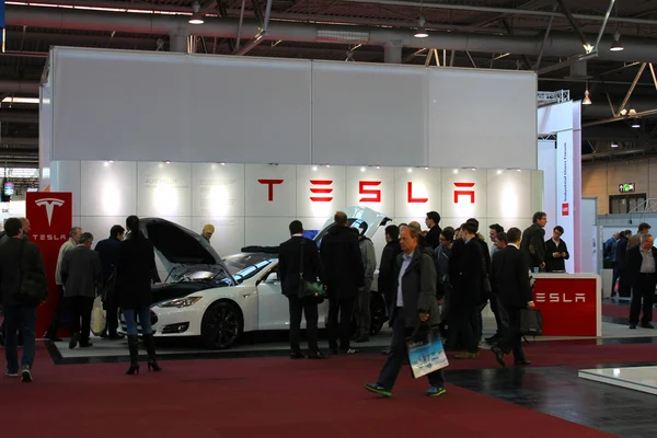 HANNOVER, GERMANY - MARCH 20: The stand of Tesla Motors on March 20, 2015 at CEBIT computer expo, Hannover, Germany. CeBIT is the world\'s largest computer expo