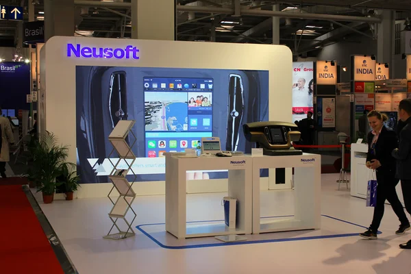 HANNOVER, GERMANY - MARCH 20: The stand of Neusoft on March 20, 2015 at CEBIT computer expo, Hannover, Germany. CeBIT is the world\'s largest computer expo