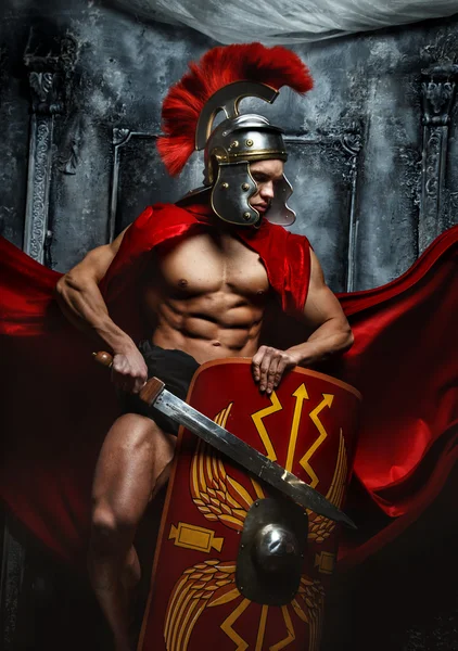 Muscular Roman posing on grey background.
