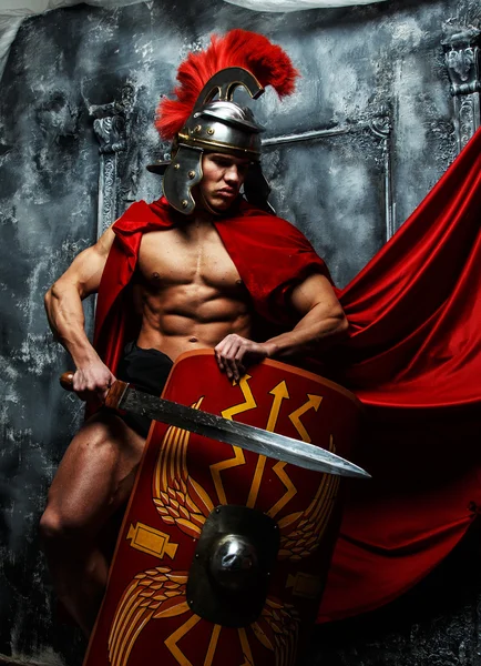 Muscular warrior holds shield and sword