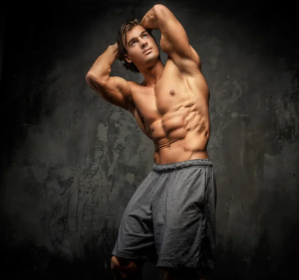 Shirtless muscular guy posing in studio.