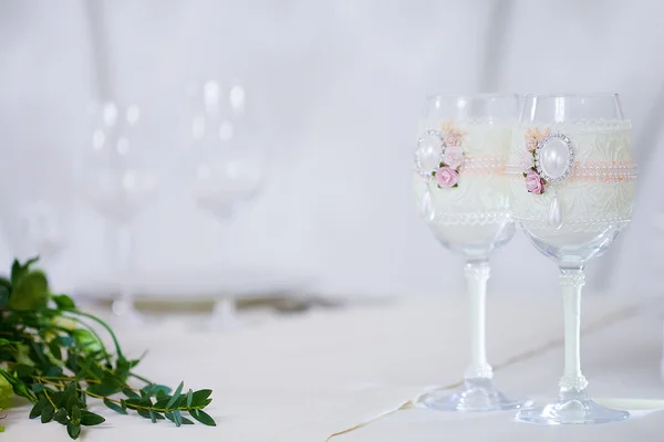 Beautiful glasses of champagne and wine, wedding decor, celebration, close-up