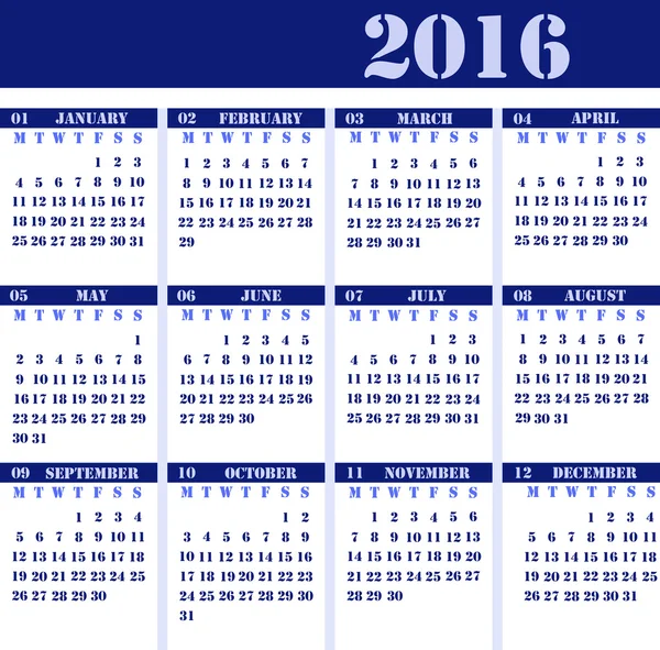 Calendar for the year 2016