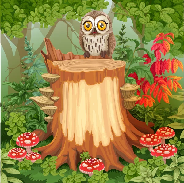 Fairy forest glade with cute owl sitting on stump surrounded by