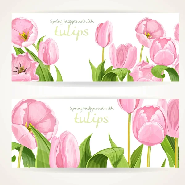 Two horizontal banners with pink flowers tulips on a white background
