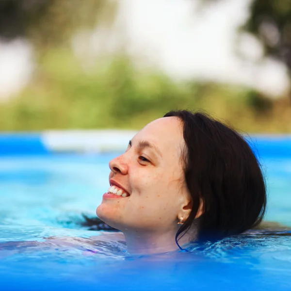 Children swim in pool.