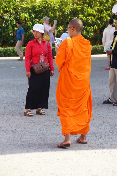 Young Buddhist monk checking  cellphone