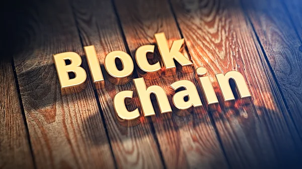 Words Block chain on wood planks