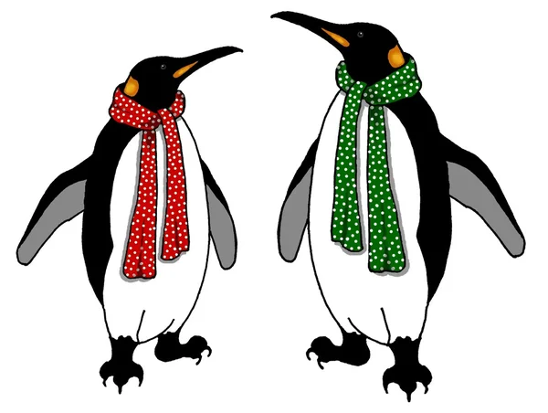 Two Penguins with Polka-Dotted Scarves