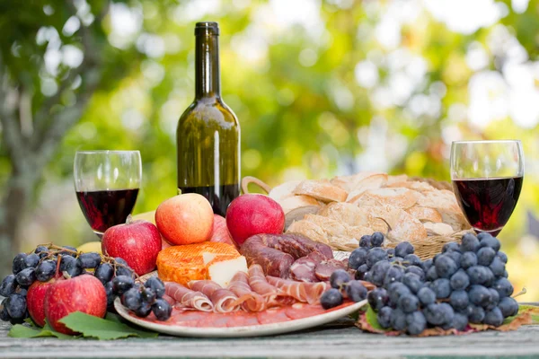 Country life setting with wine, fruits, cheese and meat. Outdoor