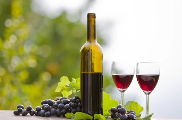 Wine bottle and grapes on wooden table outdoor