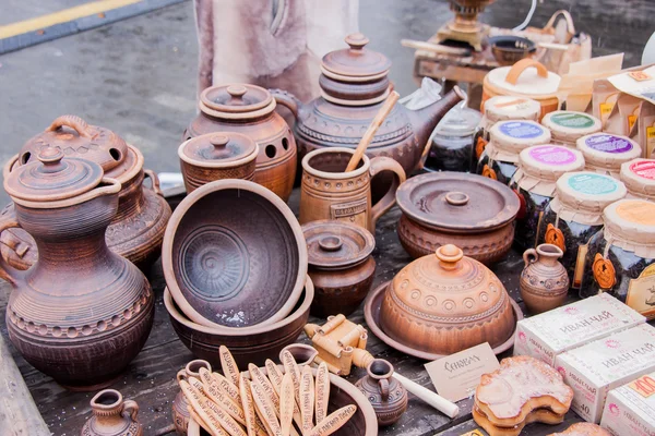 PERM, RUSSIA - March 13, 2016: Beautiful tableware made of clay