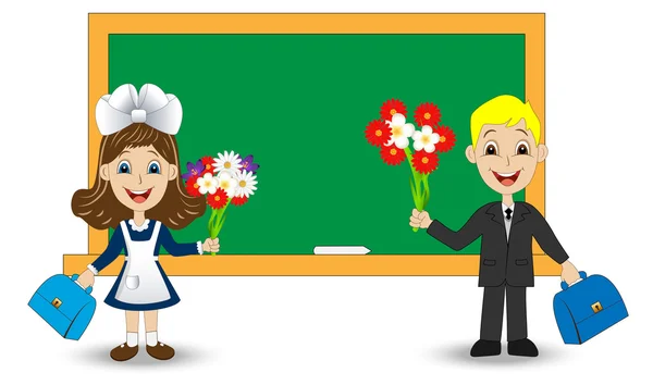 Merry girl and boy with bouquets of flowers on the school Board