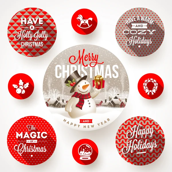 Set of round frames with Christmas greetings and flat icons with long shadows - vector illustration