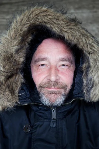 Close up Adult Man in Fur Lined Hooded Coat