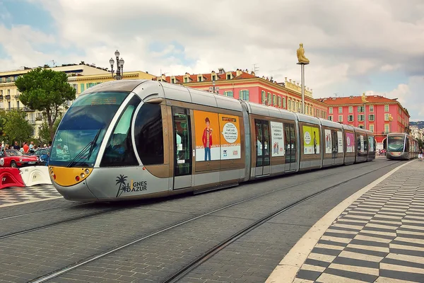 Tram on Place Massena in Nice, France.