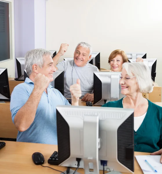 Senior People Cheering In Computer Class