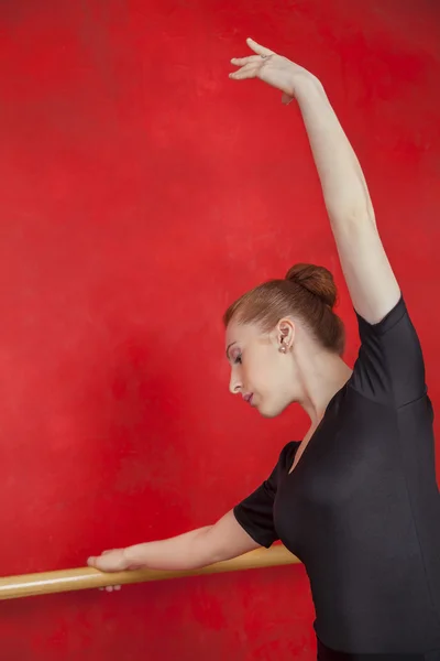 Female Ballet Dancer With Hand Raised At Barre