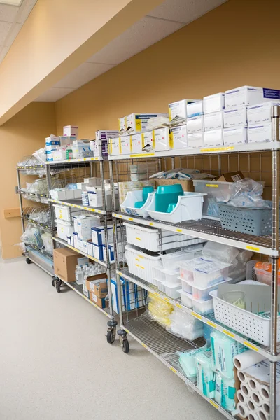 Hospital Supplies Arranged On Trollies