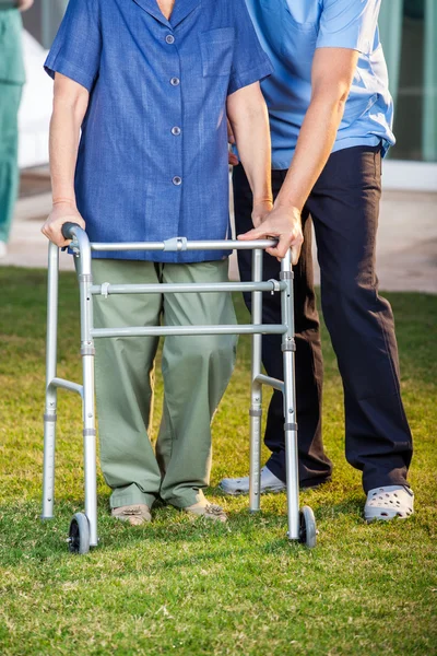 Caretaker Helping Senior Woman In Using Walking Frame