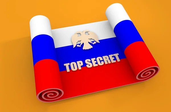 Top secret text on paper scroll textured by Russian flag