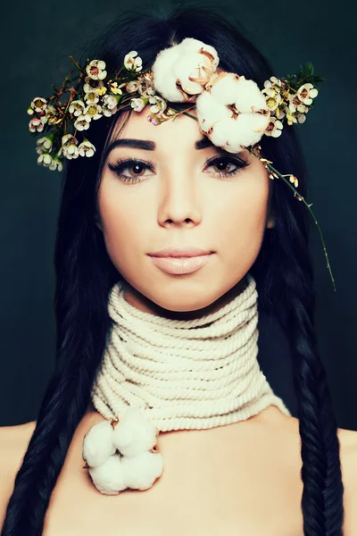Pretty Woman with Long Black Hair and Flowers Crown. Ethnic Beau