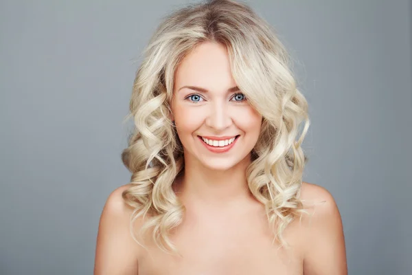 Happy Woman with Blonde Curly Hairstyle